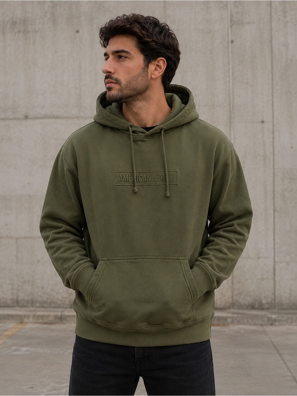 American Eagle Men Size Medium Olive Green Cotton Hoodie Drawstring With Pockets